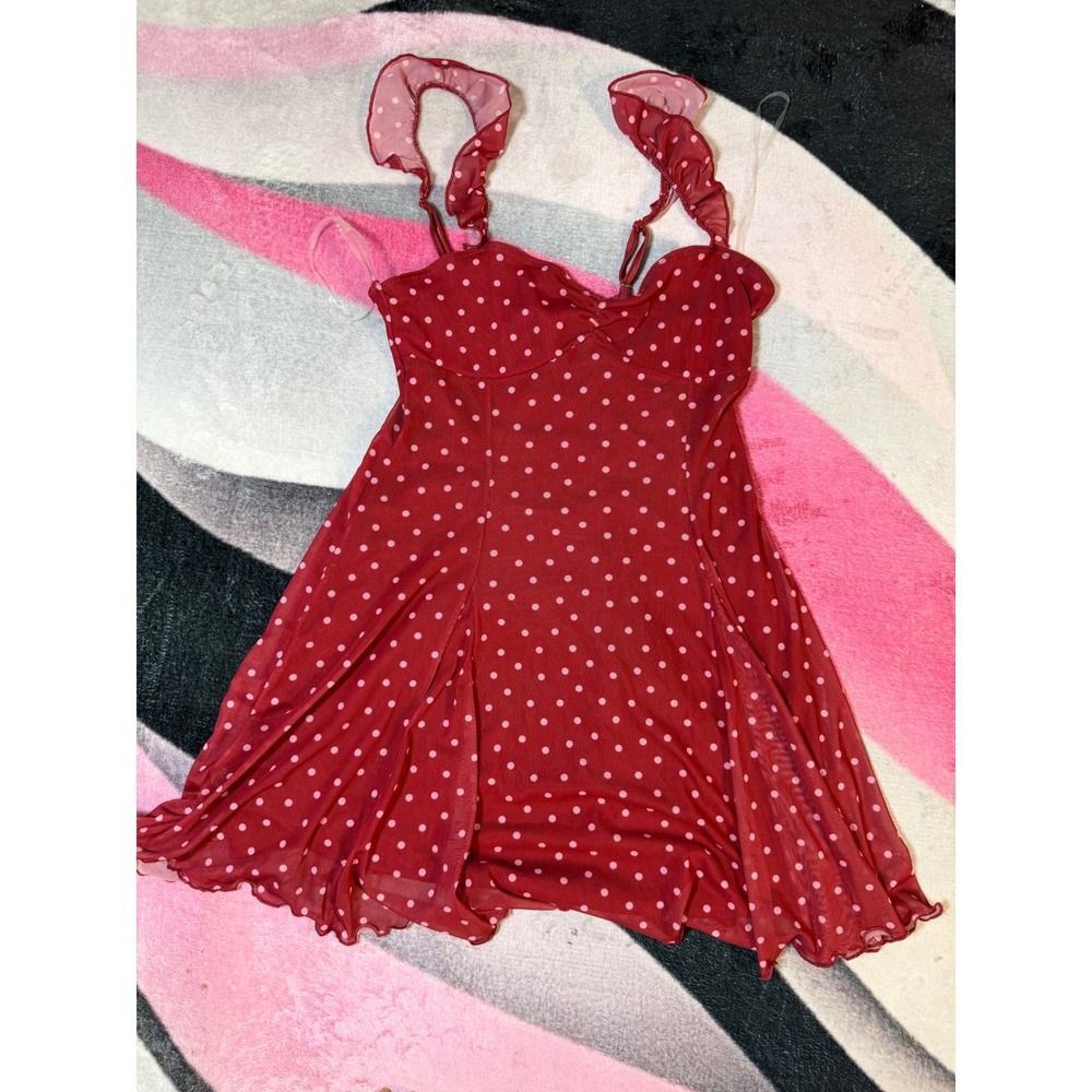 No Boundaries Red Polka Dot Mesh Mini Dress Ruffle Strap Sweetheart Neck Size M